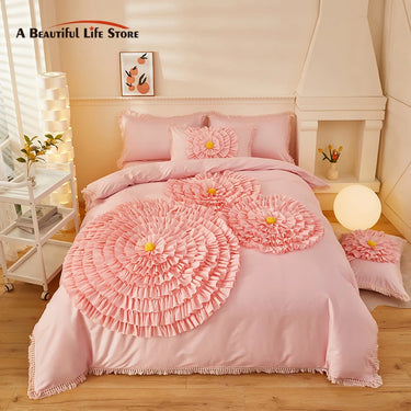 Pink White Korean Princess 1000TC Egyptian Cotton Handwork Flowers Embroidery Duvet Cover Bedding Set